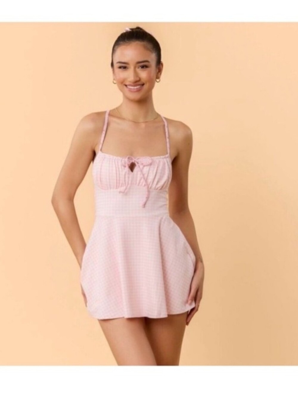 Blogilates Light Pink Gingham Tie-Front Chemise with Adjustable Straps